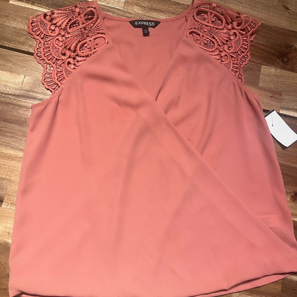 Express Women's Coral Top with Lace Sleeves- Suze XS
